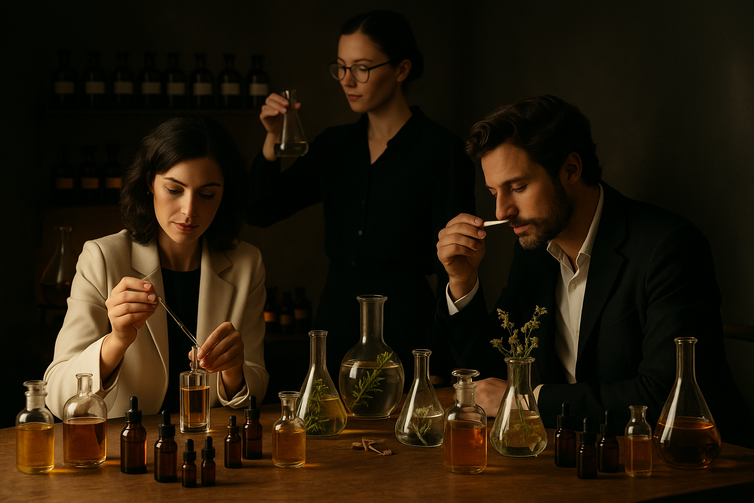 Laboratorio di profumi con bottiglie di vetro e ingredienti su sfondo scuro